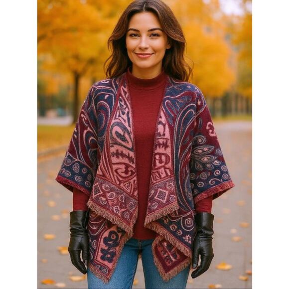 Marc New York Andrew Marc Paisley Wine Poncho Wrap Leather tie Tassels One Size - Picture 12 of 12